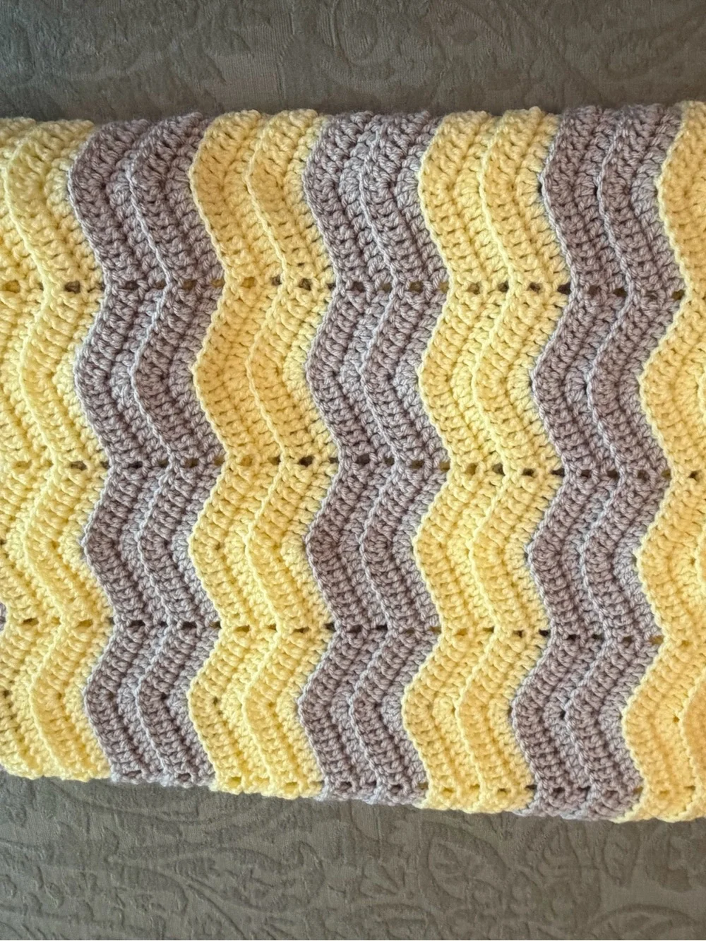 Hand Crocheted Yellow Grey Chevron Ripple Afghan Baby Blanket Throw 40x46